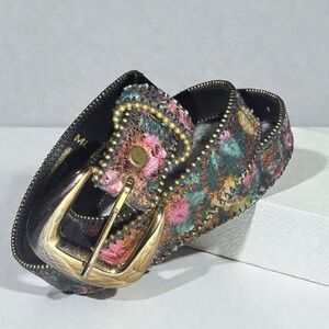 Vintage Genuine Bonded Leather Boho Woven Belt | Gold Buckle USA | M